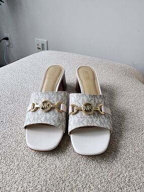 Michael Kors Beige Monogram Slide Sandals with Gold MK Accent